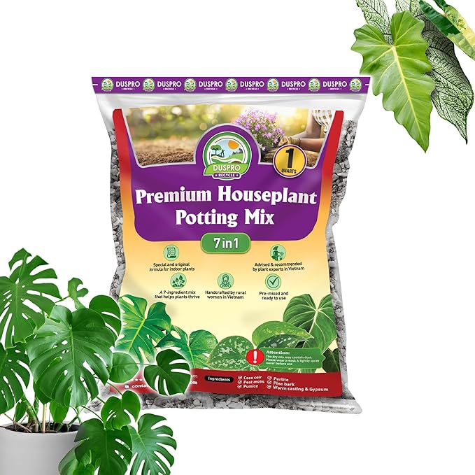DUSPRO 1QRT Pre-Mixed House Plant Potting Mix 7in1 with Potting Soil Indoor Plants, Tropical Indoor Potting Soil with Pine Bark, Pumice, Coco Coir, Perlite, Worm Castings, Gypsum, Peat Moss