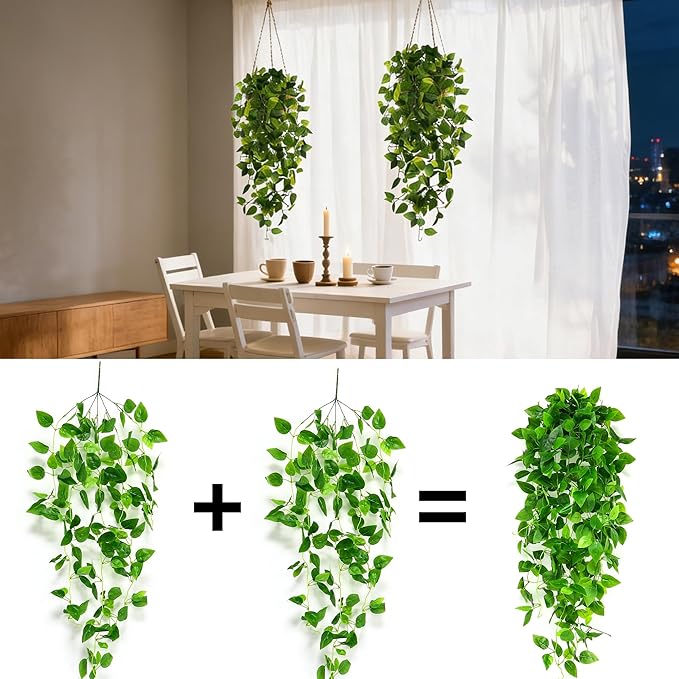 Fake Hanging Plants 2pcs Artificial Hanging Plant for Indoor Outdoor Faux Pothos Vines Greenery Garlands for Wall Home Aesthetic Patio Kitchen Living Room Farmhouse Shelf Office Decor (No Baskets)