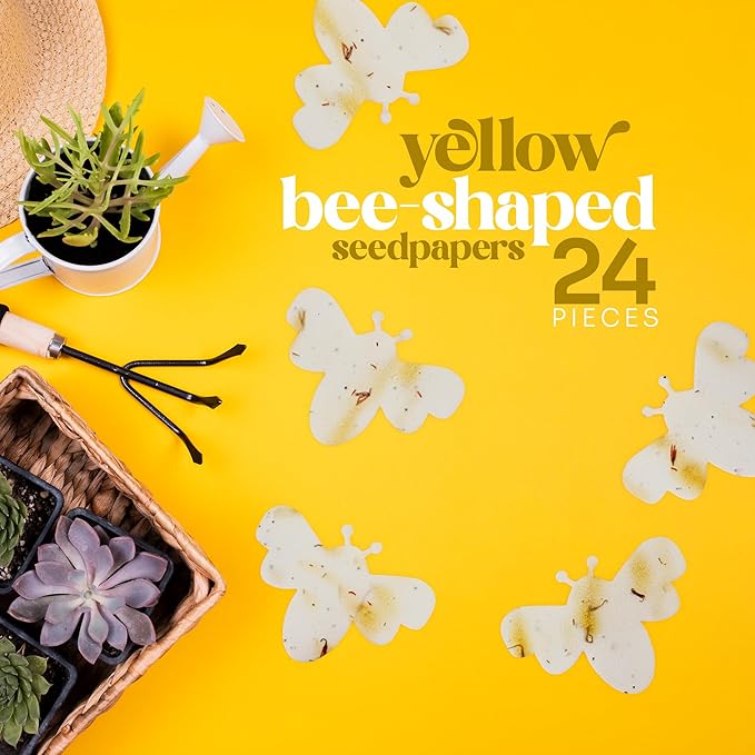 Set of 24 Yellow Bee Seed Paper – Writable & Plantable Wildflower with Envelopes & Planting Guides, Mom's Gift for Mother’s Day, Use for Wedding, Baby Shower, Party Favors & Easter Decorations