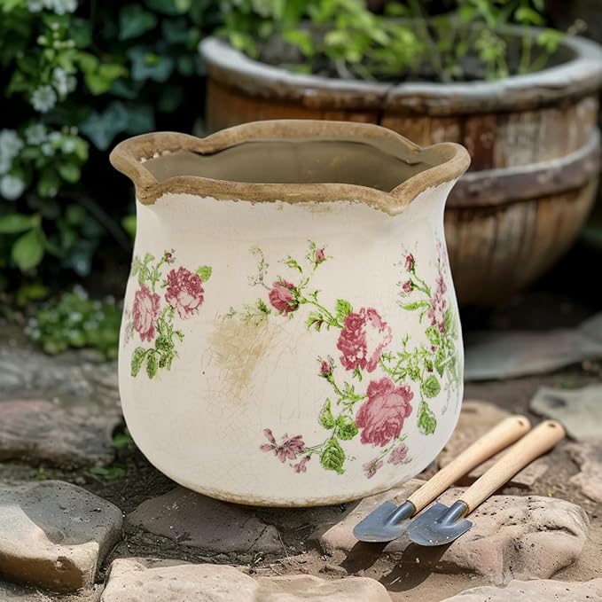 Dosayes Rustic Ceramic Planter, 6 Inch Tuscan Vintage Flower Pot with Drainage, Farmhouse Garden Pot for Indoor Plants, Kitchen & Garden Tuscan Decor, Plant Lover Gift (Pink)