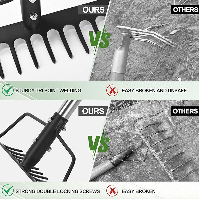 BARAYSTUS 15 Inch Wide Bow Rake, 16 Steel Tines Metal Head Rake Tool with Stainless Steel Handle, Adjustable Long Handle Garden Rake for Loosening Soil Leveling Mulch Gathering Lawns Leaves