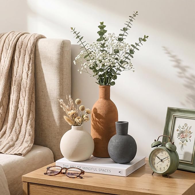 Ceramic Vase Set, Small Rustic Distressed Flower Vases in Pottery Decor, Modern Boho Farmhouse Decor for Pampa Grass, Dried & Fresh Flower, Decorative Vase for Living Room, Kitchen, Entryway, Rust Red
