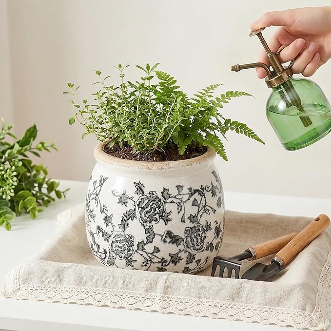 DREAMLOOM Vintage Ceramic Planter for Indoor Plants,6.1" Ice Crack Cottage Scroll Vase Tuscan Decor Flower Pots with Drainage Holes Home Kitchen Farmhouse Antique Decorative Gift (Grey-Round)
