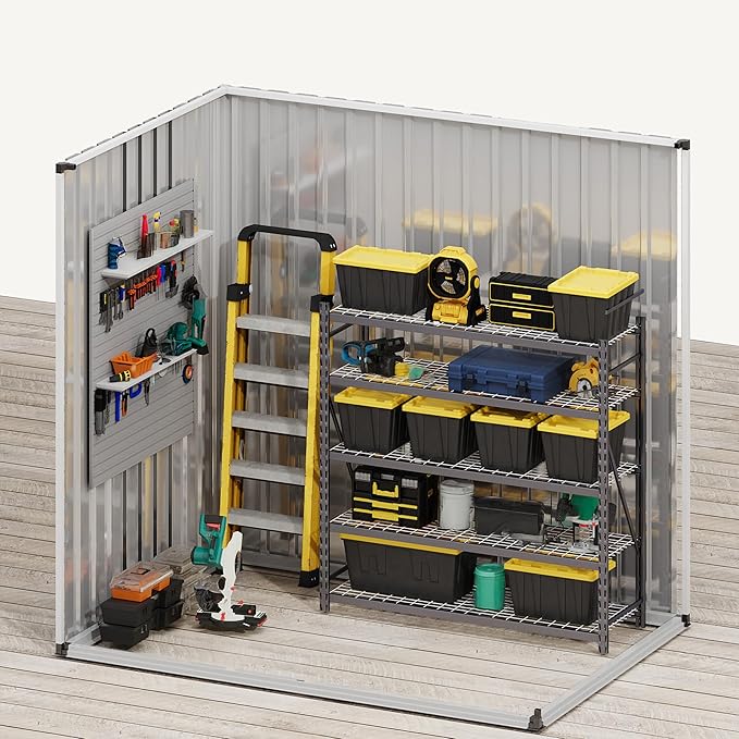 DWVO 6x4ft Large Tool Storage Shed with Window, Lockable Doors, and Sloped Roof, Oversized Steel Outdoor Storage Shed for Garden, Patio, Garage, Backyard, Lawn - Gray White