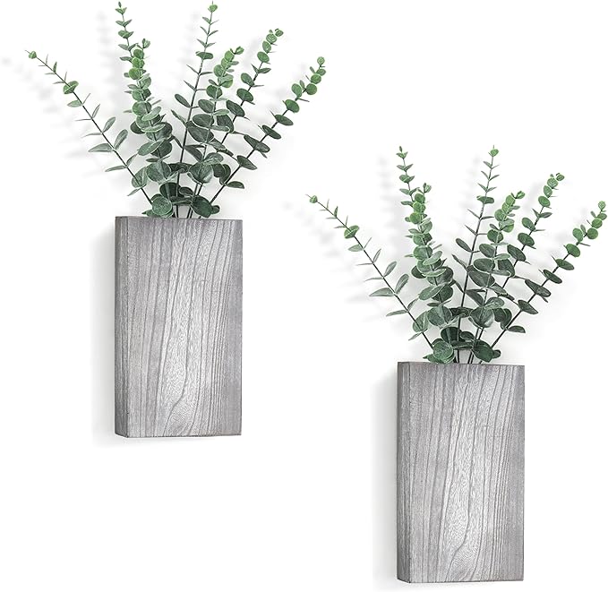Dahey 2 Pack Wood Wall Planter Vase with Artificial Eucalyptus Farmhouse Wall Hanging Decor Pocket Planter for Indoor Fake Plants Greenery, Living Room Bedroom Kitchen Home Office Decoration, Grey