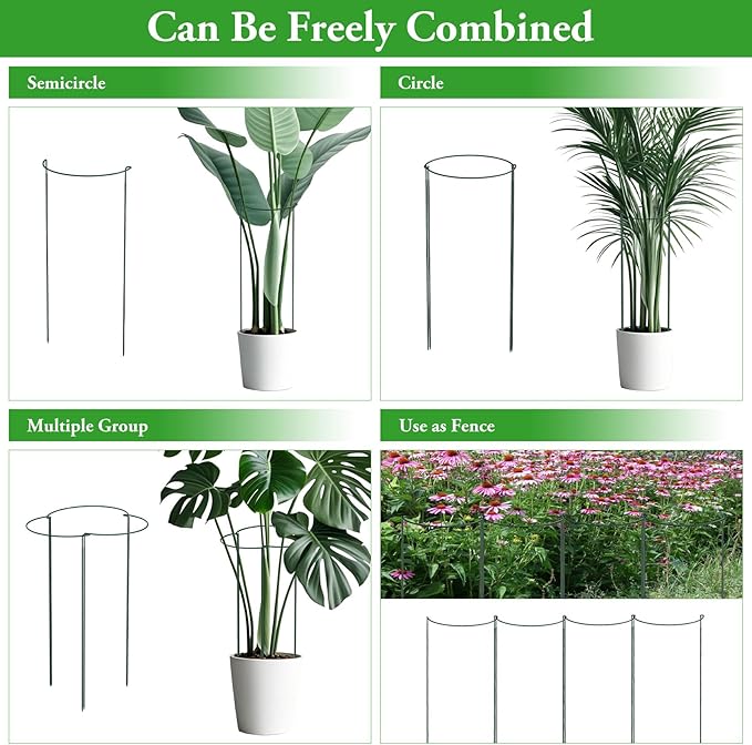 Unves 6 Pack Peony Cage, 13" W x 32" H Half Round Ring Metal Plant Support Stakes, Heavy Duty Peony Cages and Supports for Indoor Outdoor Plants, Vegetables and Flowers with Clips, Ties and Gloves