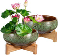 Baderke 2 Pcs Lotus Bowl Planter with Base Ceramic Hydroponic Planter Water Lily Bowl for Planting Aquatic and Indoor Plants Household Ceramic Basin Decor (Green)