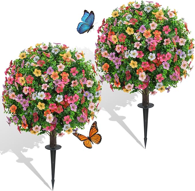 Dense Multi-Color Artificial Flower Topiary Ball Trees 24 Inch, Set of 2 Fake Plants with Ground Spike, UV Resistant No Fade Faux Bushes for Spring Garden, Patio, Porch, Yard, Outdoor Decor