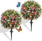 Dense Multi-Color Artificial Flower Topiary Ball Trees 24 Inch, Set of 2 Fake Plants with Ground Spike, UV Resistant No Fade Faux Bushes for Spring Garden, Patio, Porch, Yard, Outdoor Decor