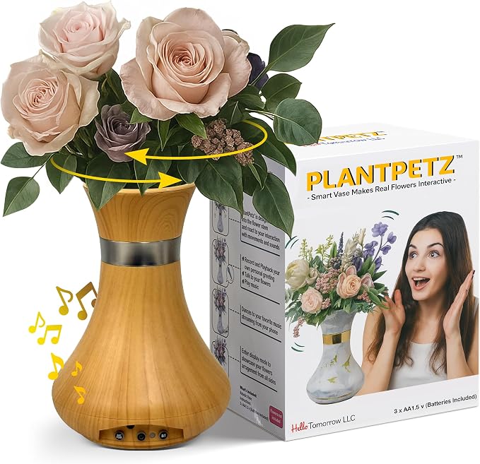 Animated Vase with Bluetooth Speaker - 8.5” Tall |Interactive Smart Flower Vase | Responds to Voice, Touch & Motion | Records Custom Messages | 2 inch Opening, Sequoia