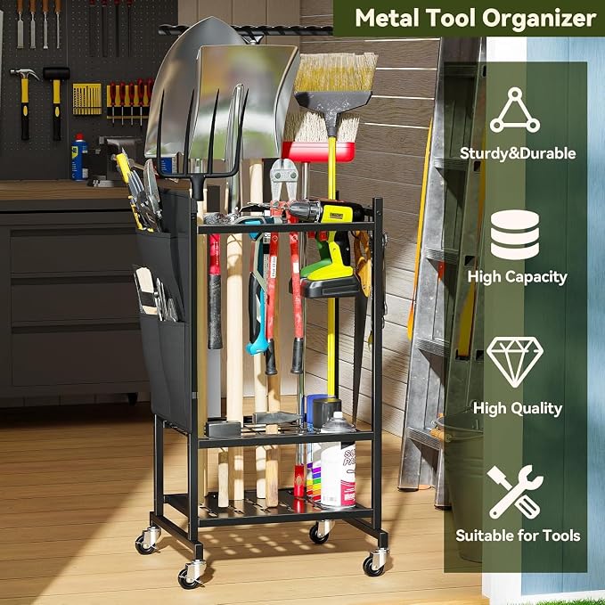 Garden Tool Organizer with Wheels, Rolling Yard Tool Tower Rack Carts for Garage Organization with Large Tool Bags with Pockets, Up to 25 Long-Handled Tools/Rakes/Brooms for Shed, Outdoor, Black