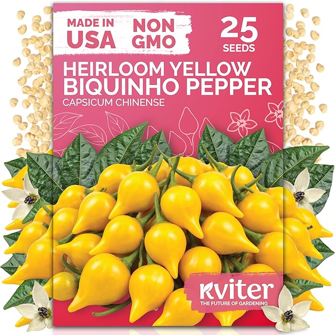 KVITER 25 Yellow Biquinho Pepper Seeds (Capsicum Chinense) - Sweety Drop Peppers, Mild Heat, High Yield, Heirloom, Non GMO Seed Packets - Vegetable Seeds for Gardens, Raised Beds, Greenhouses