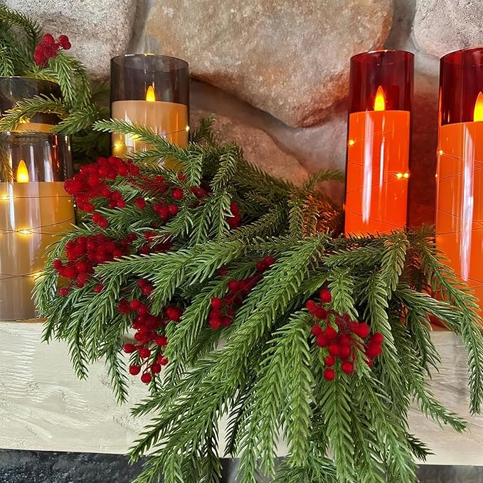 12pcs Christmas Norfolk Pine Branch with Berry Set, 18 Inches Artificial Norfolk Branch 6pack, Faux Berry Stem 6pack,Fake stem Greenery Pine Picks for Indoor Home Vase DIY Outdoor Wreath Decoration