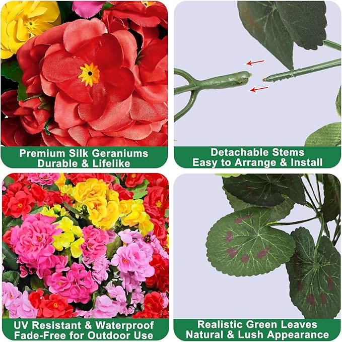TURNMEON Artificial Geraniums Flowers for Outdoors Summer Decoration, 4 Bundles Fake Flowers Silk Color Flowers UV Resistant No Fade Faux Plants for Planter Gardens Table Porch Indoor Cemetery Decor