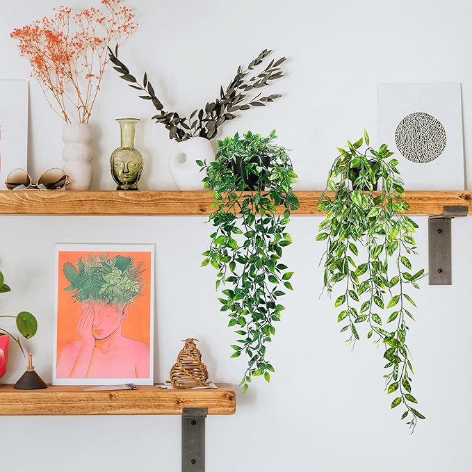 Artificial Hanging Plants, 2pcs Faux plants indoors in pots, Greenery Fake Plants Decorations, Small Artificial Plants in Pots, Fake Potted Mini Plants for Wall Home Room Office Bathroom Decor