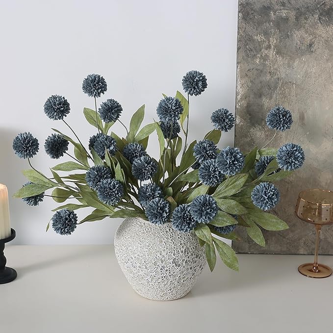 VIERENA 6 Pcs Faux Silk Pompon Mum Artificial Flowers for Vase -27", Bulk Fake Chrysanth Branches with Stems for DIY Bouquet Centerpieces Wedding Fillers Arrangements Shower Decorations (Dark Blue)