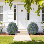 26'' Artificial Boxwood Topiary Trees with Lavender Flowers 2 Pack Fake Plants for Outdoor Indoor Artificial Shrubs with Metal Ground Spike UV Resistant Fake Bushes for Front Porch Garden, White