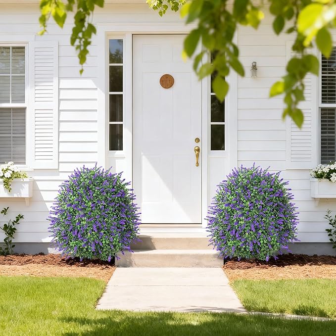 26'' Artificial Boxwood Topiary Trees with Lavender Flowers 2 Pack Fake Plants for Outdoor Indoor Artificial Shrubs with Metal Ground Spike UV Resistant Fake Bushes for Front Porch Garden, Purple