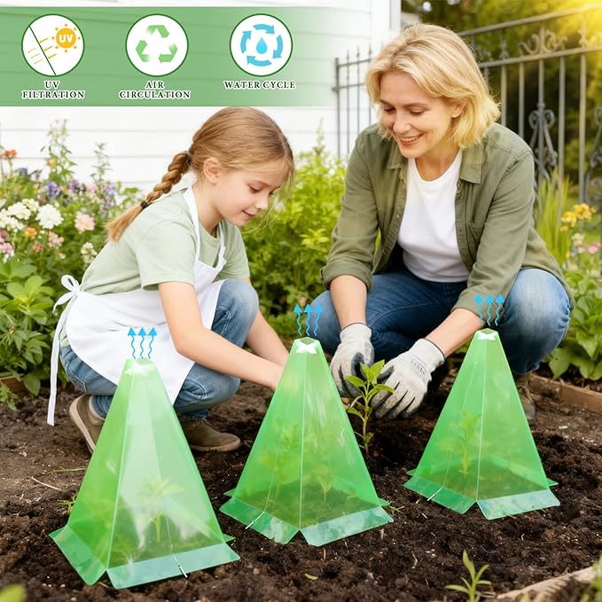 Garden Cloches for Plants, 50 Pieces Reusable Plastic Plant Seedling Protector with 100pcs Metal Stakes, Green Transparent Bell Jar Cloches to Protect Plants from Birds, Slugs, Sun, Freeze Weather
