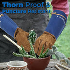 HANDLANDY Long Gardening Gloves for Men & Women, Pigskin Leather Rose Pruning Gloves, Breathable Thorn Proof Gauntlet Glove (Blue, XL)