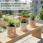 3Pcs Floral Ceramic Planters with Drainage Holes & Saucers, Modern Indoor/Outdoor Pots for Succulent, Cactus, Snake Plant, Home & Garden Decor