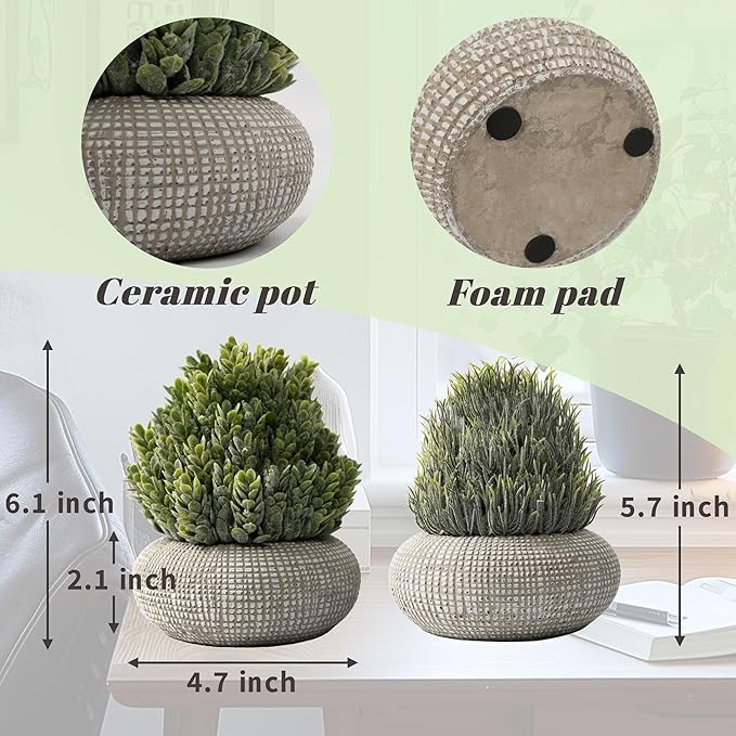 2 Pack Small Fake Plants in Cement Planter for Bathroom Decor, 6.1/5.7 Inch Artificial Plants Indoor, Small Faux Plants Indoor for Home Room Bedroom Farmhouse Kitchen Office Decor