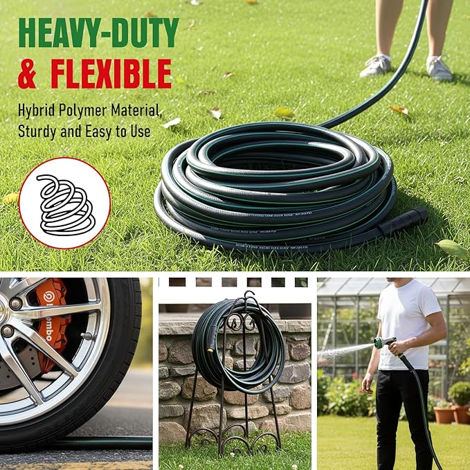Heavy Duty Garden Hose 50 ft, NON-EXPANDABLE Water Hose with 10 Function Spray Nozzle, Lightweight Kink-less Hybrid Hose with Swivel Handle, Male to Female Fittings