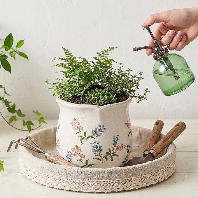 DREAMLOOM Vintage Ceramic Planter for Indoor Plants,6.1" Ice Crack Cottage Scroll Vase Tuscan Decor Flower Pots with Drainage Holes Home Kitchen Farmhouse Antique Decorative Gift (Red-Corrugated)