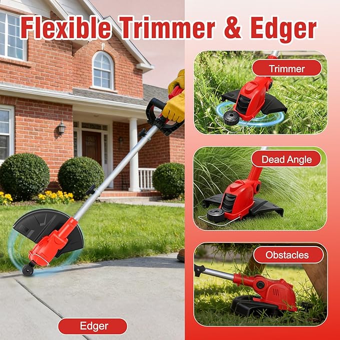21V Cordless String Trimmer & Edger, 12" Auto-Feed Grass Cutter with 2.0Ah Battery & Fast Charger, 2-in-1 Electric Weed Wacker Lawn Tool for Yard Garden Maintenance-Red