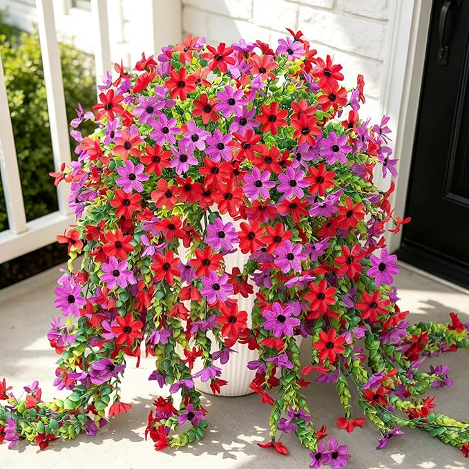 Fake Artificial Hanging Flowers for Outdoors Fake Plants Decoration, 2 Bundles Faux Silk Colorful Daisy Eucalyptus Realistic UV Resistant for Outside Home Planter Porch Patio Yard Decor(Purple Red)