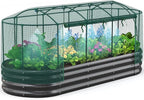 Quictent Galvanized Raised Garden Bed Kit with Self Watering System and Mesh Cover, Large Oval Metal Outdoor Planter Garden Boxes for Vegetables Herbs Flowers, 8x3x1Ft