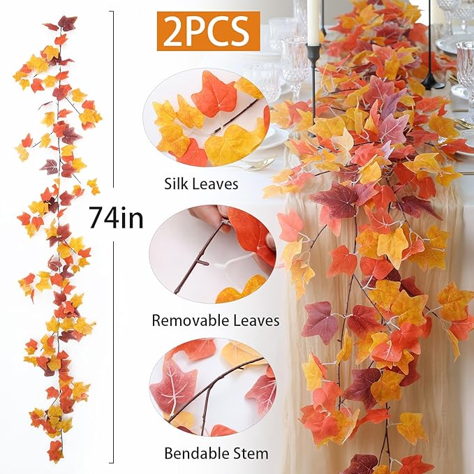 mizii 2 Strands Artificial Vines Fall Ivy Garland 74" Fake Vine with Silk Leaves Faux Hanging Plants Greenery Decoration for Outdoors Wedding Party Indoor Bedroom Home Wall Room Fall Decor (Fall)