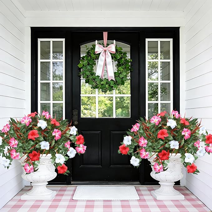 Artificial Flowers Plants for Outdoors, 6PCS UV Resistant Faux FlowersOutdoor Plants, Fake Petunias Silk Flowers for Garden Balcony Yard Porch Decor (White Red Pink)