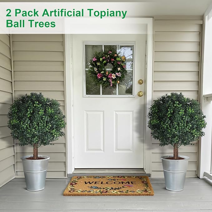 Shinoske 23" Boxwood Topiary Balls Tree Artificial Outdoor,Set of 2 Outdoor Fake Bushes Plant with Ground Spike,UV Resistant Artificial Plants for Garden,Porch,Yard,Balcony Decor