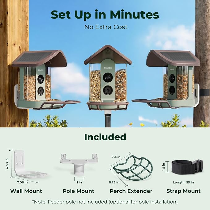 Kiwibit Solar Smart Bird Feeder with Camera No Subscription, AI Bird Species Identification, 4K UHD Live Video & 8MP Photos, Wireless Outdoor Wild Bird Watching Gifts for Bird Lovers, Brown