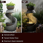 Outdoor Water Feature Patio Fountain with LED Lights, 31.9" Resin Garden Waterfall Fountain Outdoor, Modern S-Shaped Bowl Design Water Feature for Porch, Garden, Yard, Home Decor, Grey