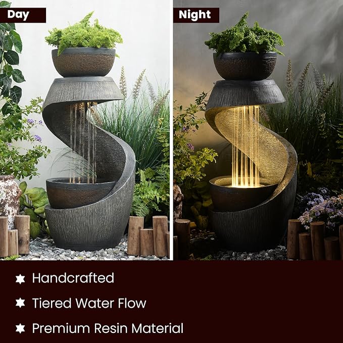Outdoor Water Feature Patio Fountain with LED Lights, 31.9" Resin Garden Waterfall Fountain Outdoor, Modern S-Shaped Bowl Design Water Feature for Porch, Garden, Yard, Home Decor, Grey