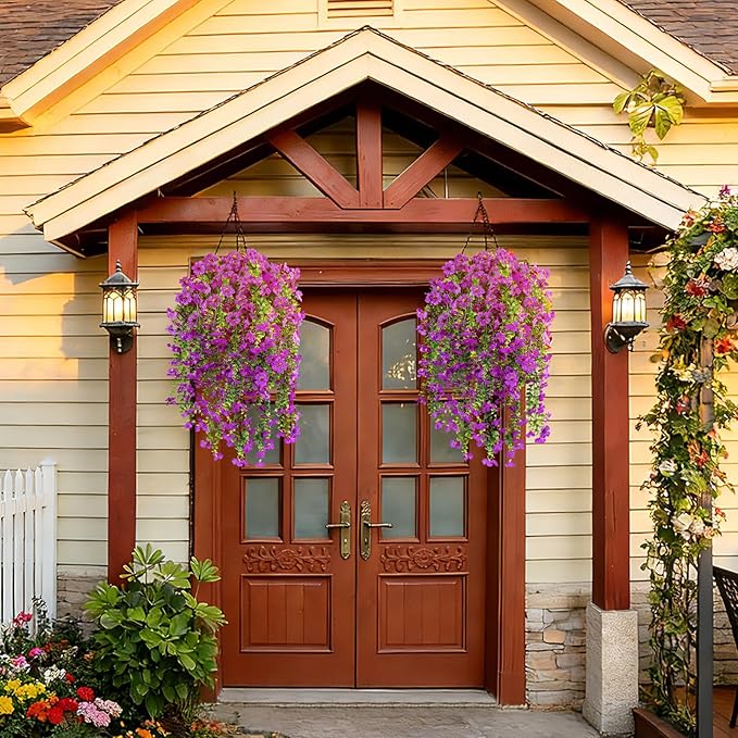 Artificial Flowers for Outdoors Faux Plants for Spring Summer Decoration,6 Bundles UV Resistant Realistic Silk Hanging Flowers Indoor Garden Porch Patio Balcony Yard Farmhouse（Purple）