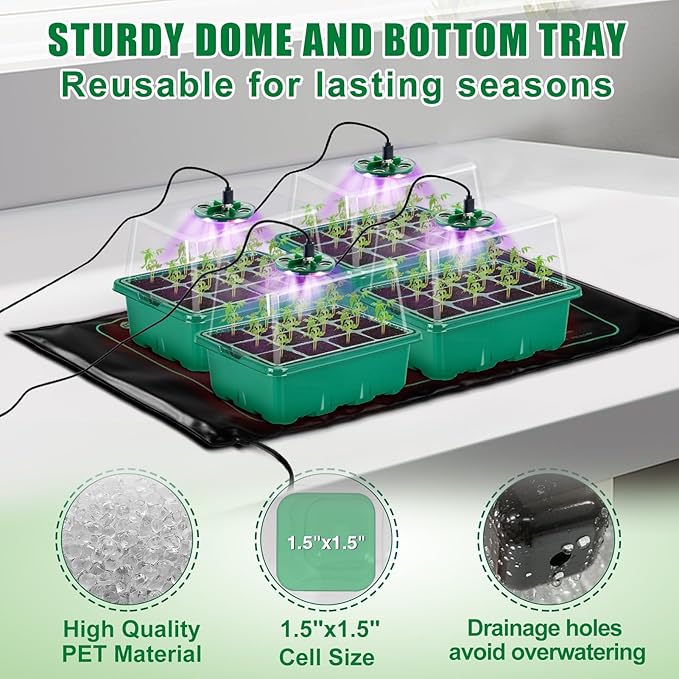 Seed Starter Tray with Grow Light & Heat Mat- 4 Pack 48 Cell Durable Easy Use Seed Starter Kit for Beginners, Thriving Seedling Germination Kit with Humidity Domes for Indoor Plant Growing Propagation