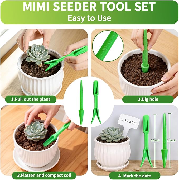 17Pcs Seed Planter Tool with 5-Hole Seed Dispenser & 6.9" Dibber & Succulent Tools Set, Plastic Planting Tools for Sowing, Bulbs, Seedlings-Includes Planting Labels