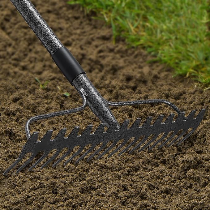 63'' Bow Rake Heavy Duty Garden Rake with Stainless Steel Handle, Tines Metal Head Rake Tool for Loosening Soil Gathering Leaf Leveling Lawn Farming Land Management Yarn Thatch Rake