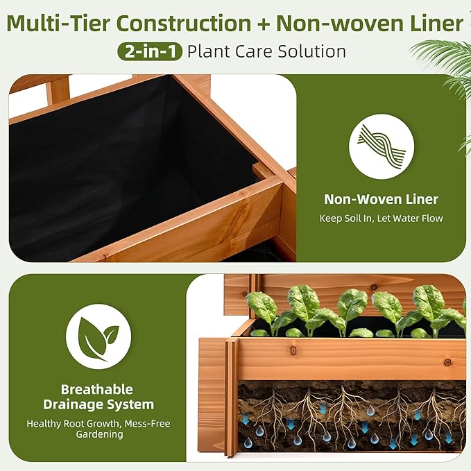 3-Tier Raised Garden Bed with Trellis, 43.3" H Fir Wood Planter Box with Non-Woven Liner, Vertical Climbing Plant Support for Patio Yard, Outdoor Grow Beds for Flowers Herbs Vegetables Fruits