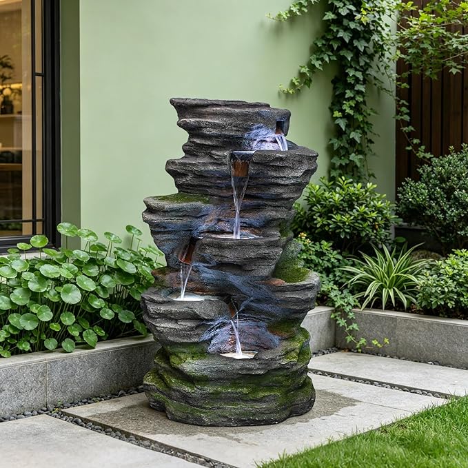 Solarbloom Water Fountain Outdoor/Indoor, 5-Tier Spiral Cascading Stacked Waterfall Fountain, Freestanding Resin Water Feature for Patio, Garden, Backyard, Deck