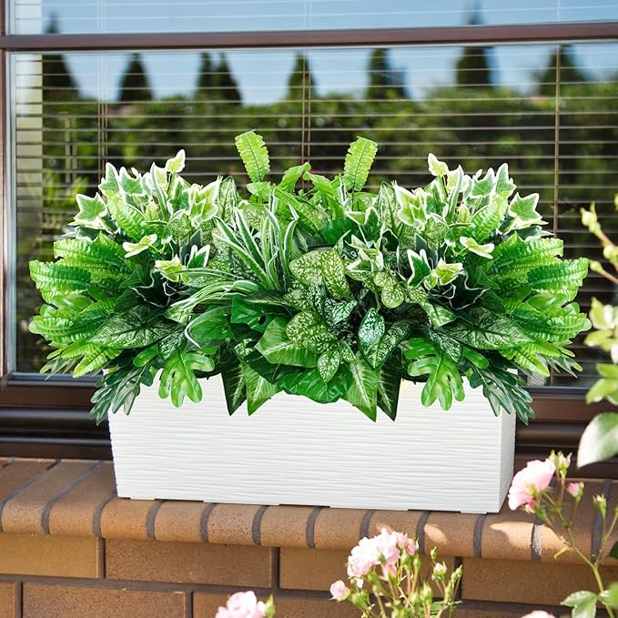 obbsie 16 Bunches Fake Plants Outdoor UV Resistant Artificial Bushes Green Boxwood Shrubs Faux Plastic Plants Greenery Stems for Spring Outdoor Garden Patio Front Porch Yard Home Decor