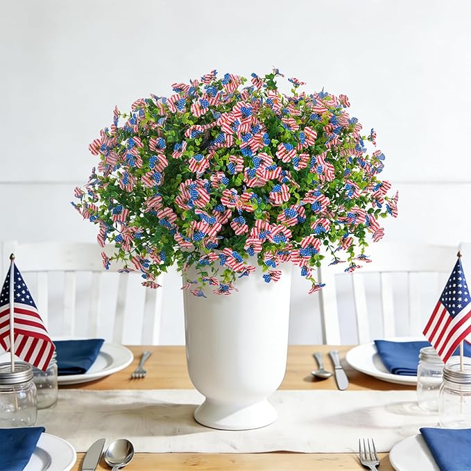 ADXORA 12 Bundles Artificial Flowers,Faux Plants for Spring Summer Decoration, UV Resistant Colorful Violets Eucalyptus for Outside Home Planter Porch Patio Yard Décor (Red,Blue,White)