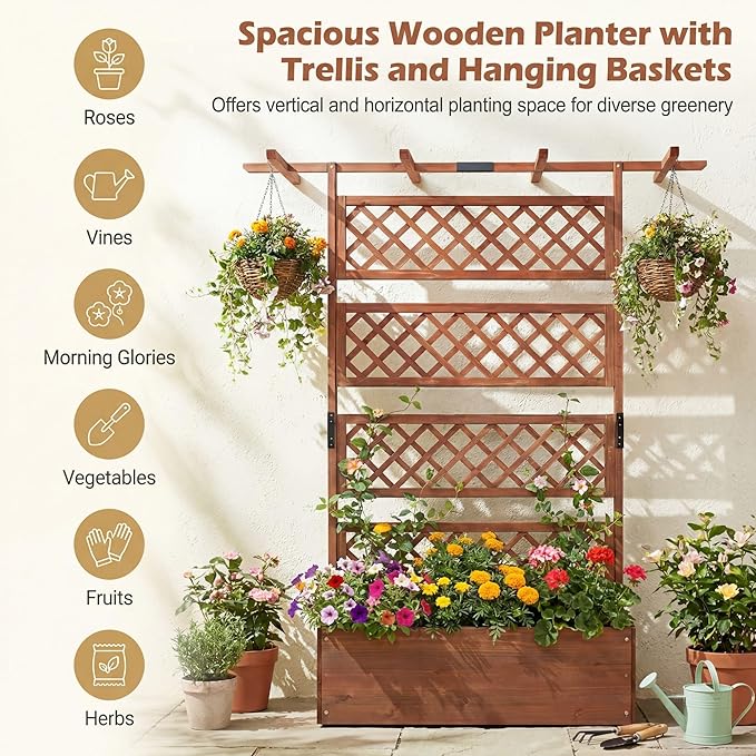 COSTWAY Wooden Raised Garden Planter with Trellis and Roof, 72" Freestanding Privacy Screen & Climbing Plant Support for Outdoor Patio, Balcony, Vegetable, Herb, and Flower Gardening (Brown,1)