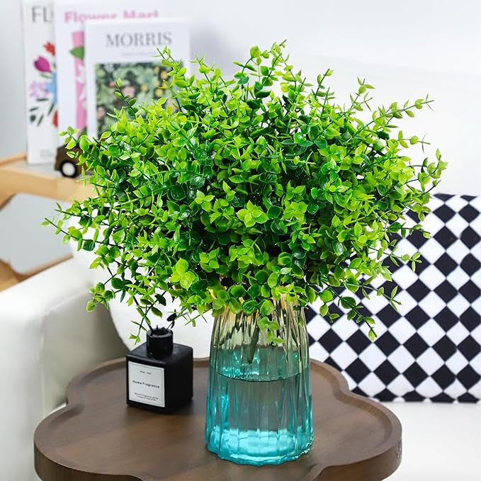 12 Bundles Greenery Artificial Plants Outdoors, Eucalyptus Stems UV Resistant Fake Foliage Plants Faux Boxwood Shrubs Indoor Decorations Artificial Flowers for Garden Pot Porch Fence Hanging Planter