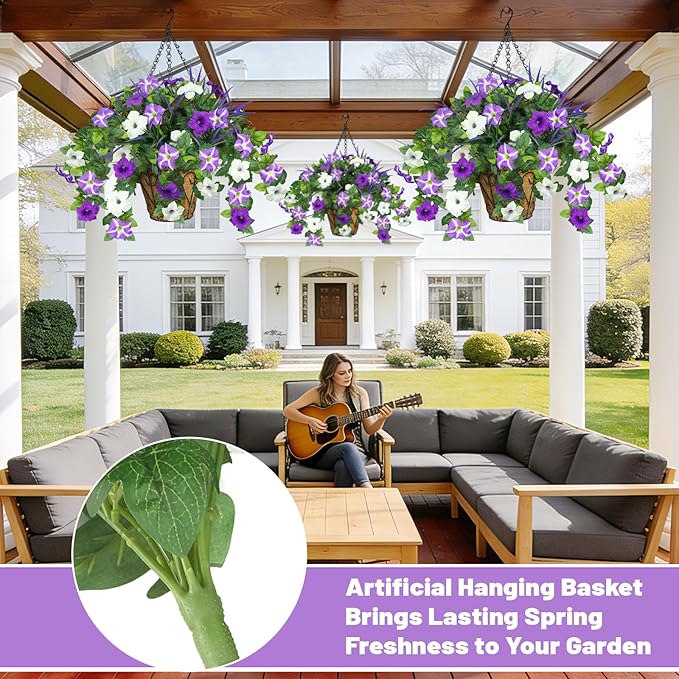 Artificial Flowers Hanging Baskets for Outdoors, 5PCS UV Resistant Faux Outdoor Plants, Fake Petunias Silk Flowers for Garden Balcony Yard Porch Decor (White Green Purple)
