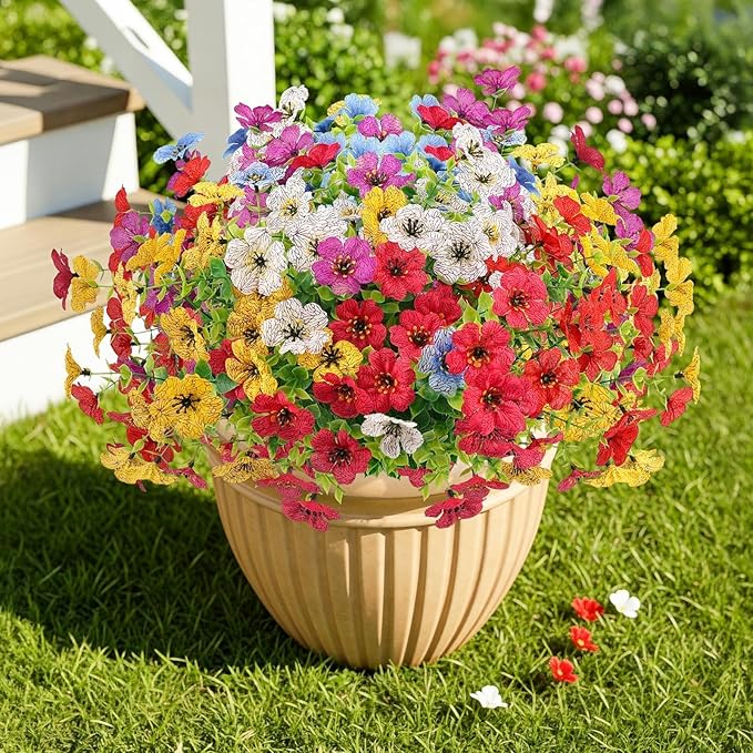 ATTGREAT Artificial Flowers Outdoors Spring Faux Flowers UV Resistant Fake Plastic Greenery Plnats Outside Bulk for Garden Hanging Planter Patio Home Decor, 24 Bundles (Multicolor)