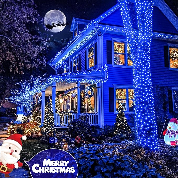 JMEXSUSS 200 LED Blue Christmas Lights Outdoor, Expandable 66ft Blue String Lights Green Wire, 8 Modes Twinkle Xmas Tree Light Plug in for Party Indoor Ceiling Beroom Patio Fence Yard Decor